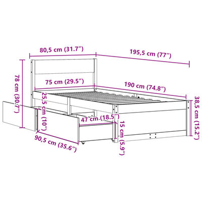 vidaXL Bedframe zonder matras massief grenenhout wit 75x190 cm