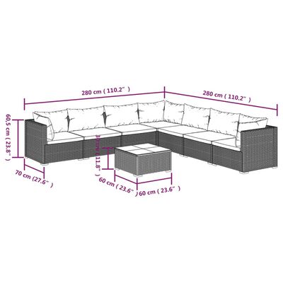 vidaXL 8-delige Loungeset met kussens poly rattan zwart