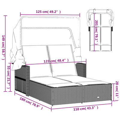 vidaXL Ligbed 2-persoons met luifel en kussens poly rattan bruin