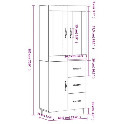 vidaXL Hoge kast 69,5x34x180 cm bewerkt hout grijs sonoma eikenkleurig