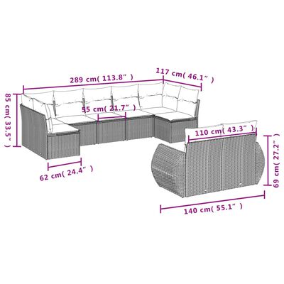 vidaXL 9-delige Loungeset met kussens poly rattan lichtgrijs