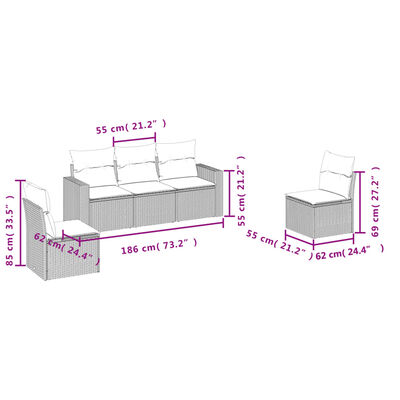 vidaXL 5-delige Loungeset met kussens poly rattan grijs