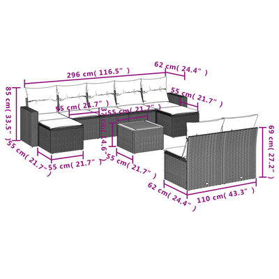 vidaXL 10-delige Loungeset met kussens poly rattan zwart