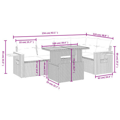 vidaXL 6-delige Loungeset met kussens poly rattan zwart