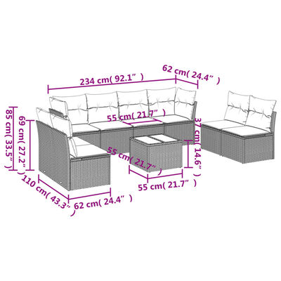 vidaXL 9-delige Loungeset met kussens poly rattan grijs