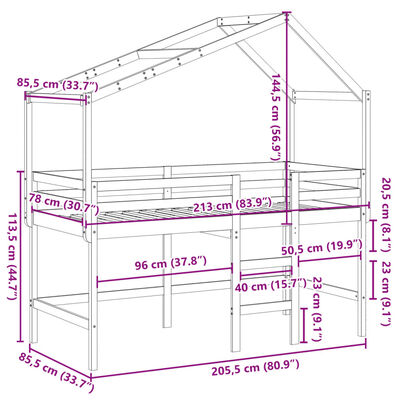 vidaXL Halfhoogslaper met ladder en bedhuis grenenhout wit 80x200 cm