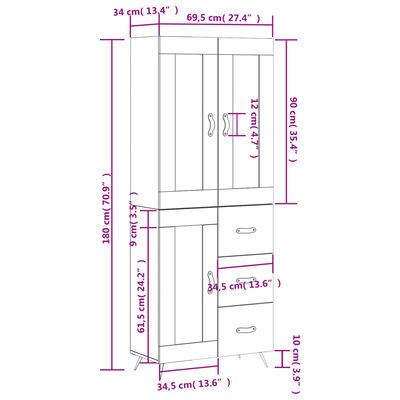 vidaXL Hoge kast 69,5x34x180 cm bewerkt hout wit