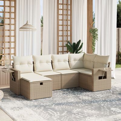 vidaXL 6-delige Loungeset met kussens poly rattan beige