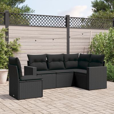 vidaXL 5-delige Loungeset met kussens poly rattan zwart