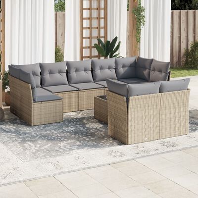 vidaXL 10-delige Loungeset met kussens poly rattan beige