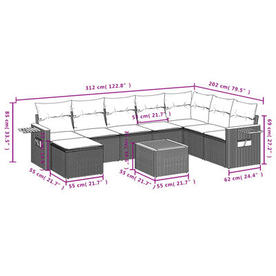 vidaXL 9-delige Loungeset met kussens poly rattan zwart