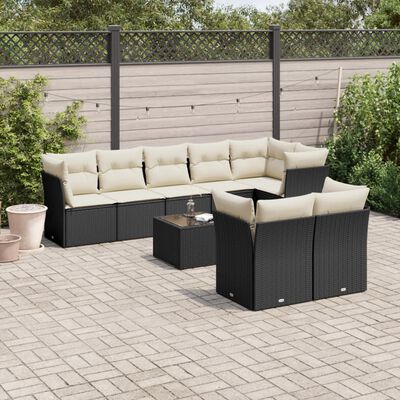 vidaXL 9-delige Loungeset met kussens poly rattan zwart