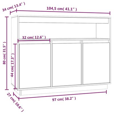 vidaXL Dressoir 104,5x34x80 cm massief grenenhout zwart