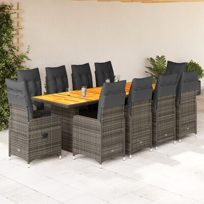 vidaXL 11-delige Bistroset met kussens poly rattan grijs