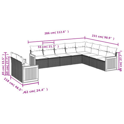 vidaXL 10-delige Loungeset met kussens poly rattan zwart