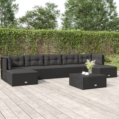 vidaXL 7-delige Loungeset met kussens poly rattan zwart