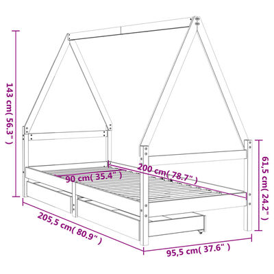 vidaXL Kinderbedframe met lades 90x200 cm massief grenenhout wit