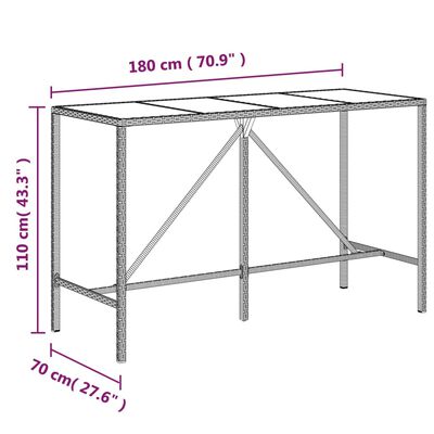 vidaXL Bartafel met glazen blad 180x70x110 cm poly rattan zwart