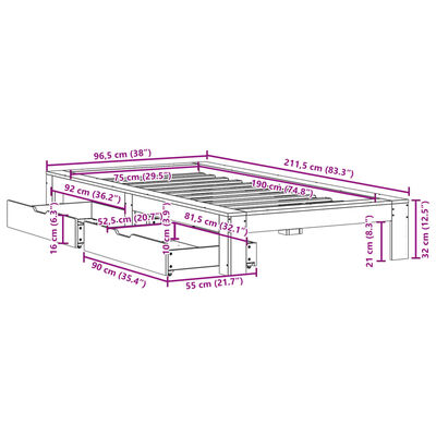 vidaXL Bedframe zonder matras massief grenenhout wasbruin 75x190 cm