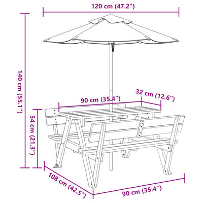 vidaXL Picknicktafel voor 4 kinderen met parasol massief vurenhout