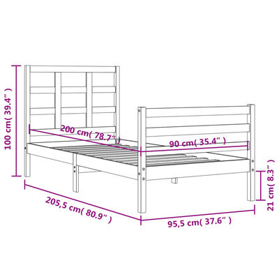 vidaXL Bedframe met hoofdbord massief hout wit 90x200 cm