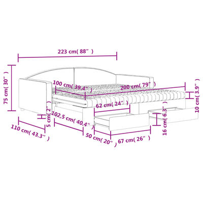 vidaXL Slaapbank onderschuifbed en lades 100x200 cm stof lichtgrijs