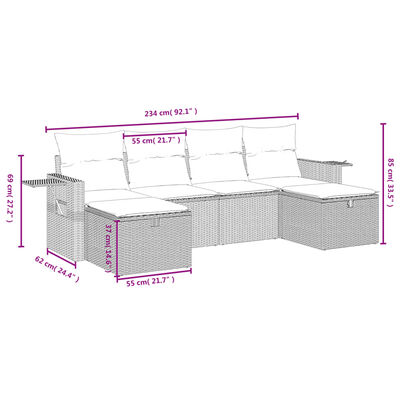 vidaXL 6-delige Loungeset met kussens poly rattan bruin