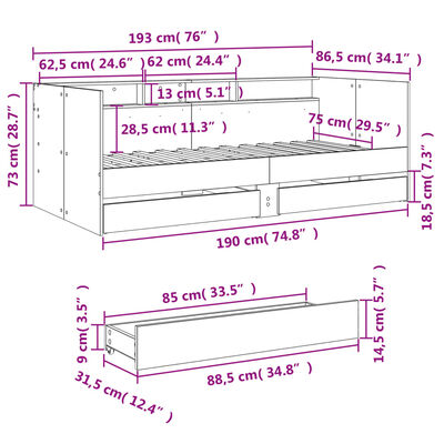 vidaXL Slaapbank met lades zonder matras 75x190 cm sonoma eikenkleurig