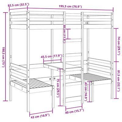 vidaXL Hoogslaper met bureau en stoelen massief grenenhout 75x190 cm