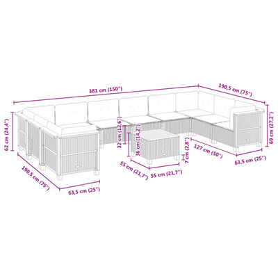 vidaXL 11-delige Loungeset met kussens poly rattan grijs