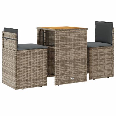 vidaXL 3-delige Bistroset met kussens poly rattan grijs