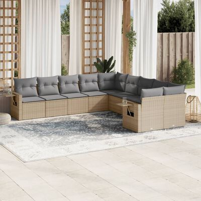 vidaXL 10-delige Loungeset met kussens poly rattan beige