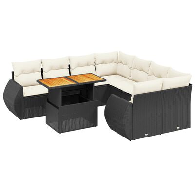 vidaXL 9-delige Loungeset met kussens poly rattan zwart