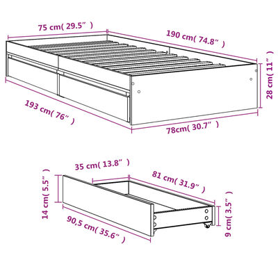 vidaXL Bedframe met lades bewerkt hout sonoma eikenkleurig 75x190 cm