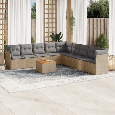 vidaXL 10-delige Loungeset met kussens poly rattan beige