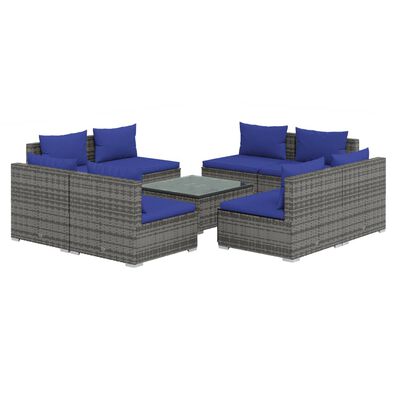 vidaXL 9-delige Loungeset met kussens poly rattan grijs