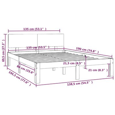 vidaXL Bedframe massief hout wit 135x190 cm