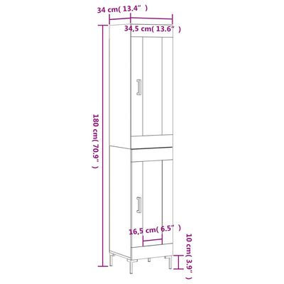 vidaXL Hoge kast 34,5x34x180 cm bewerkt hout grijs sonoma eikenkleurig