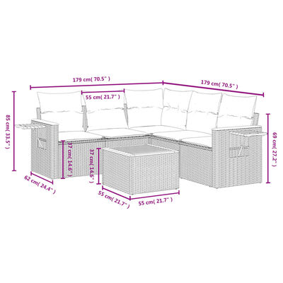 vidaXL 6-delige Loungeset met kussens poly rattan beige