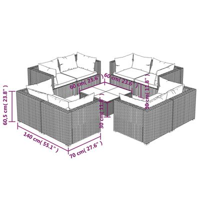 vidaXL 9-delige Loungeset met kussens poly rattan zwart