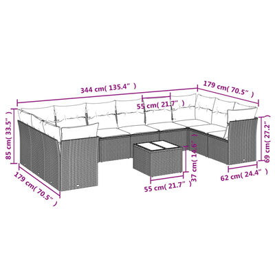 vidaXL 11-delige Loungeset met kussens poly rattan zwart