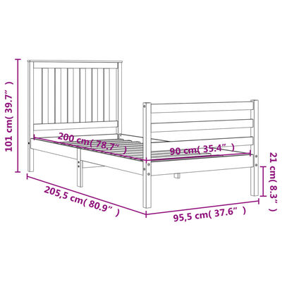 vidaXL Bedframe met hoofdbord massief hout wit 90x200 cm