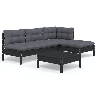 vidaXL 5-delige Loungeset met kussens grenenhout zwart