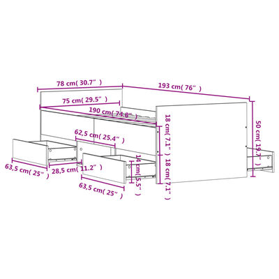 vidaXL Bedframe met hoofd- en voeteneinde grijs sonoma 75x190 cm