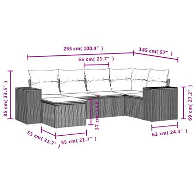 vidaXL 6-delige Loungeset met kussens poly rattan zwart