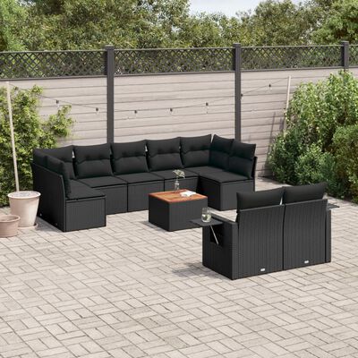 vidaXL 10-delige Loungeset met kussens poly rattan zwart