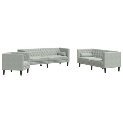 vidaXL 3-delige Loungeset Chesterfield met bolsters fluweel lichtgrijs