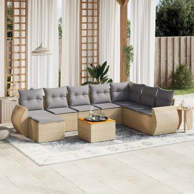 vidaXL 9-delige Loungeset met kussens poly rattan beige