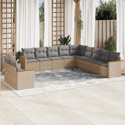 vidaXL 11-delige Tuinset met kussens poly rattan beige