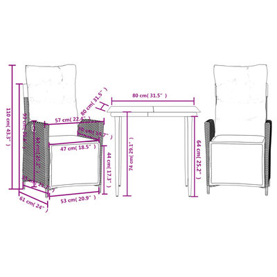 vidaXL 3-delige Tuinset met kussens poly rattan bruin